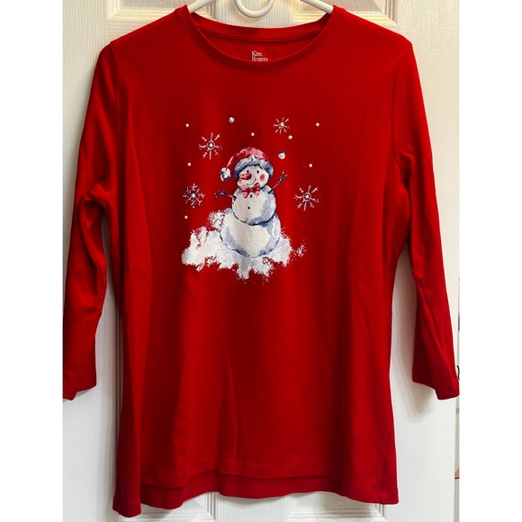 Kim Rogers Tops - Kim Rogers Red Christmas Snowman Pearl Embellished L. Sleeve Tee Shirt Womens M